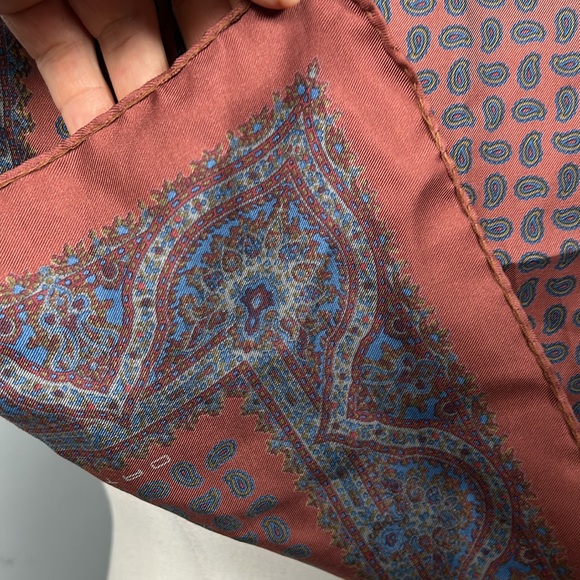 Etro brown 100% silk paisley vintage 16” pocket square scarf men’s made in Italy - Picture 3 of 11
